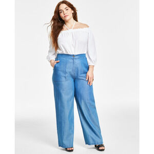 Michael Kors Womens Wide-Leg Chambray Pants Light Cadet Wash Plus Size 3X 12473